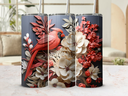 Tapered tumbler with red cardinal and floral design.