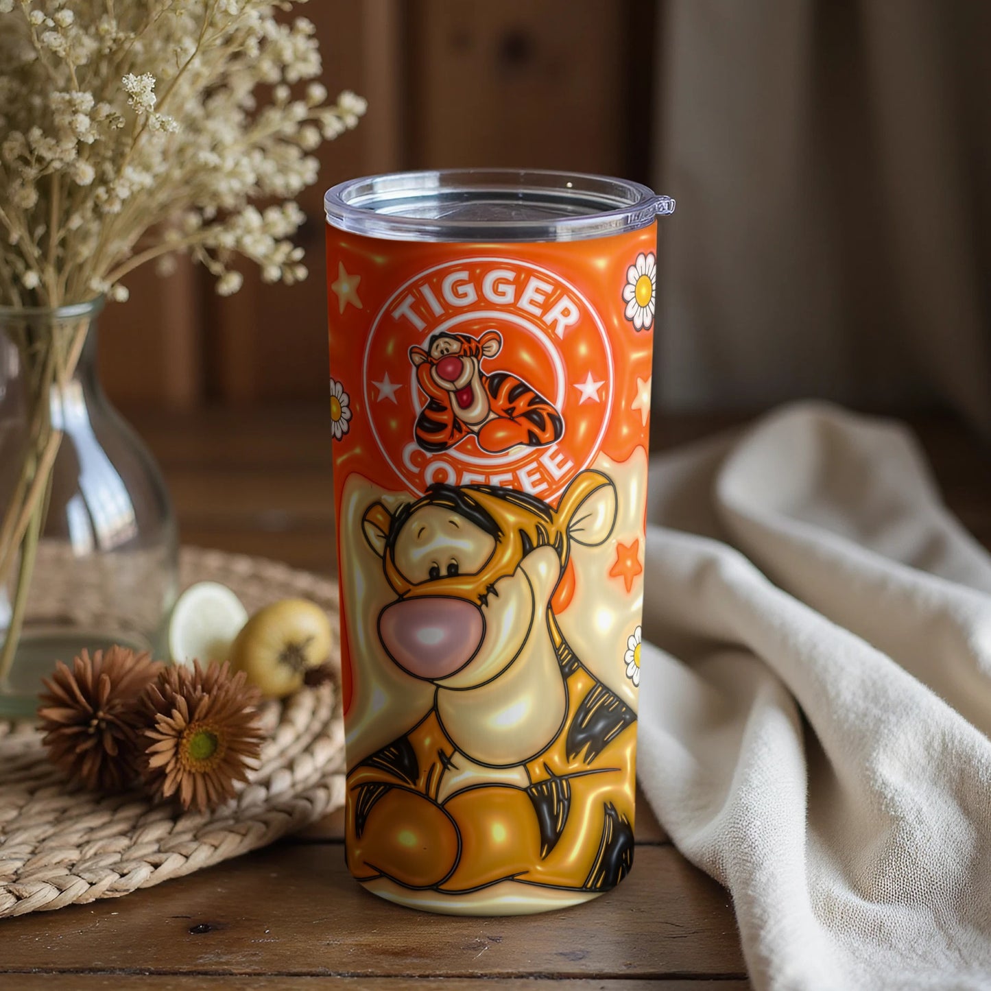 Tigger Coffee Themed Travel Mug with Floral Design