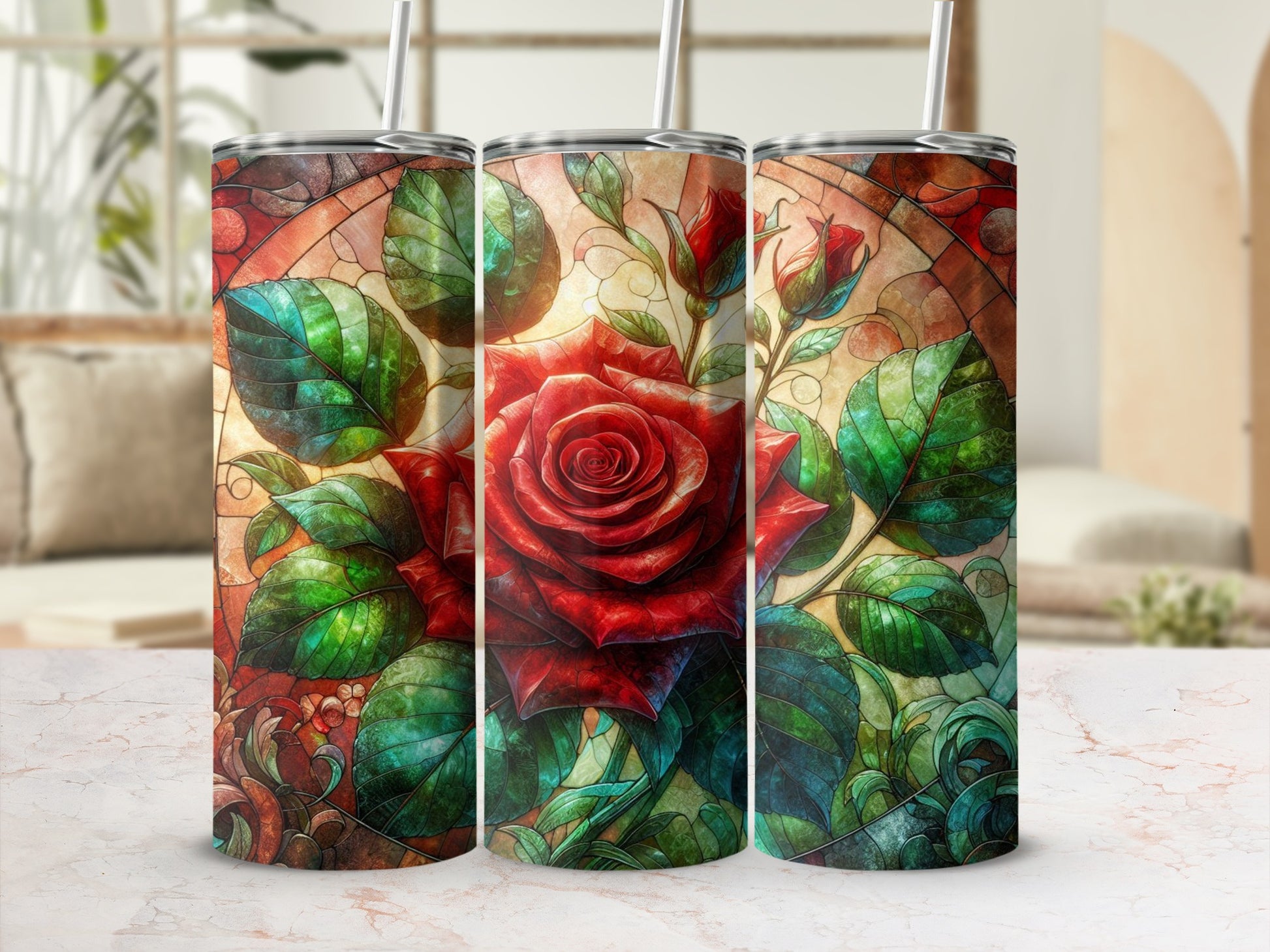 Triptych of tumblers featuring a vibrant stained-glass rose design.