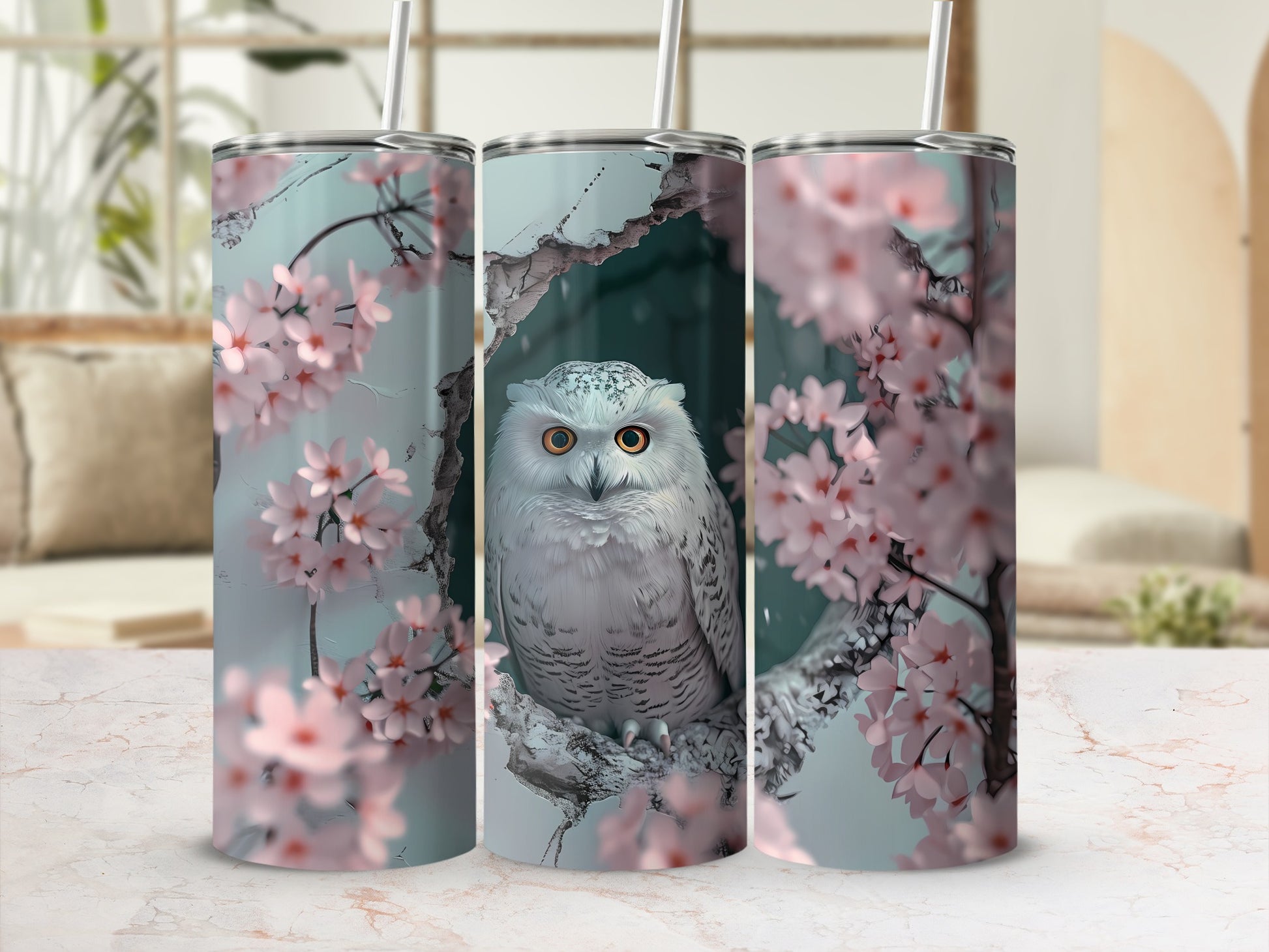 Snowy owl perched on a branch surrounded by cherry blossoms.