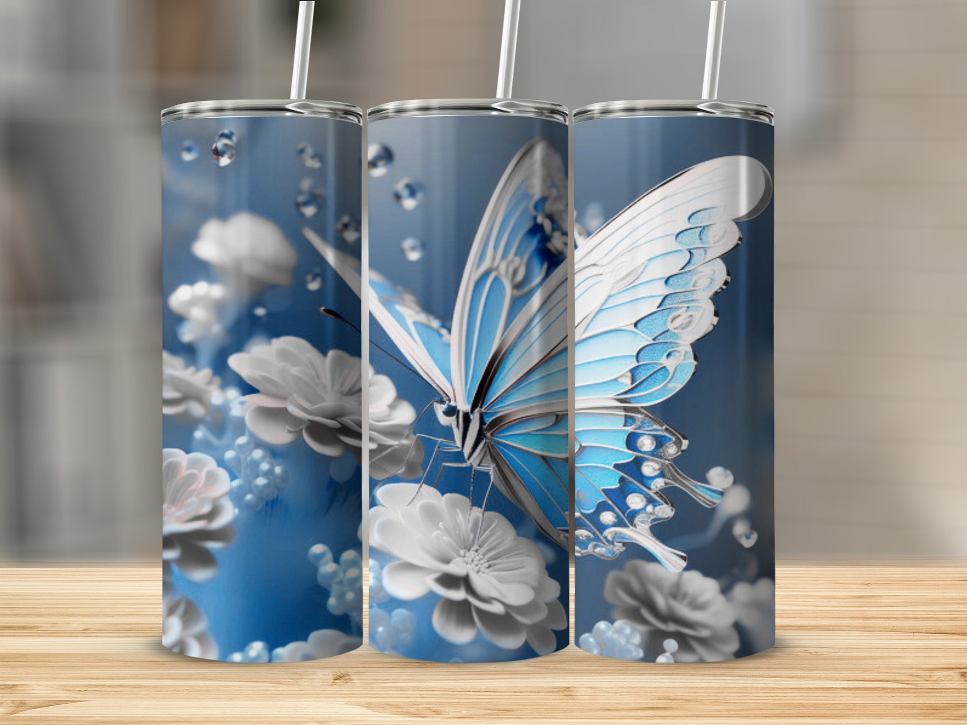 Blue butterfly on white flowers, displayed on a tumbler.