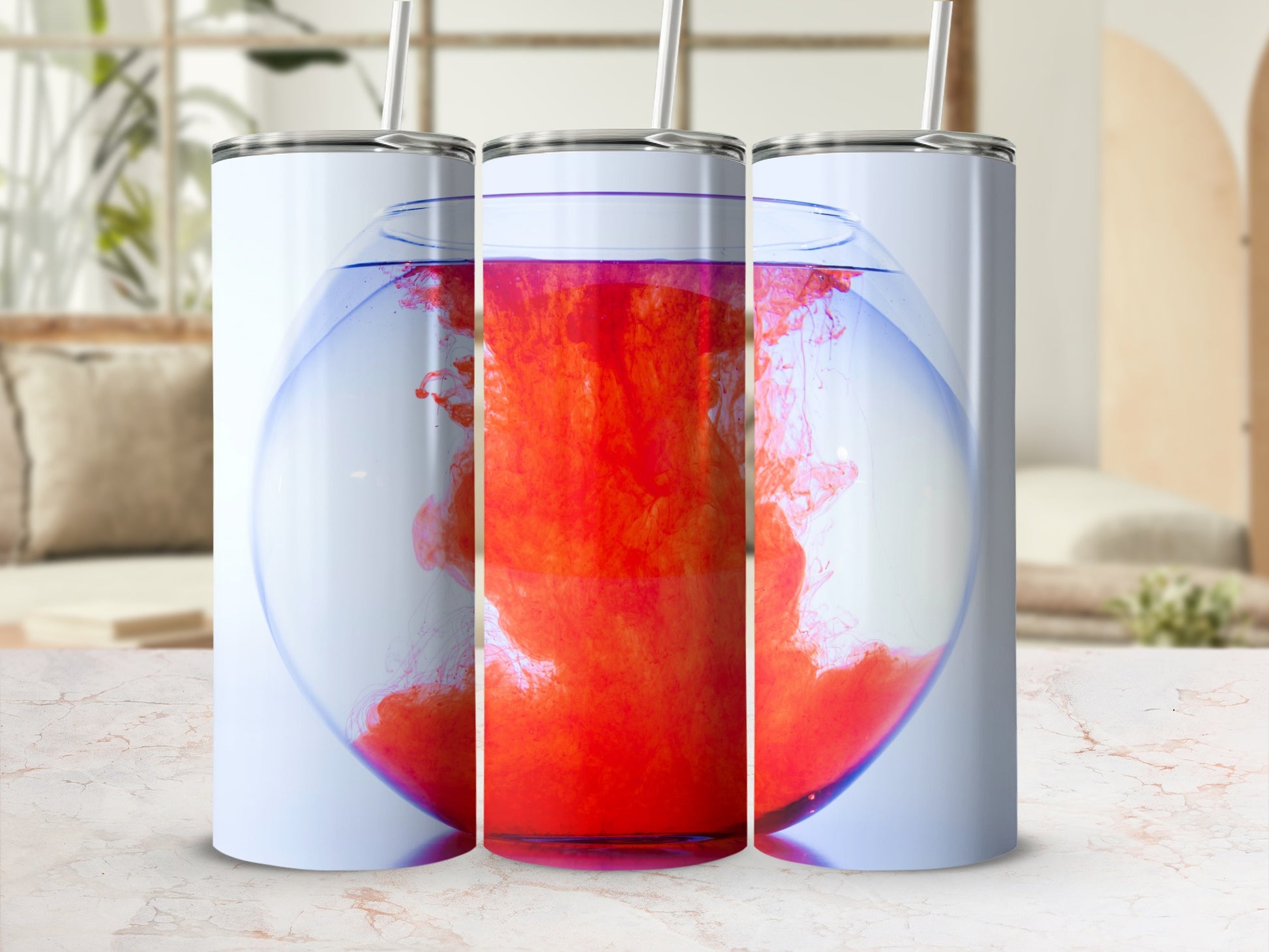 Three white tumblers showing red ink dissolving in water.