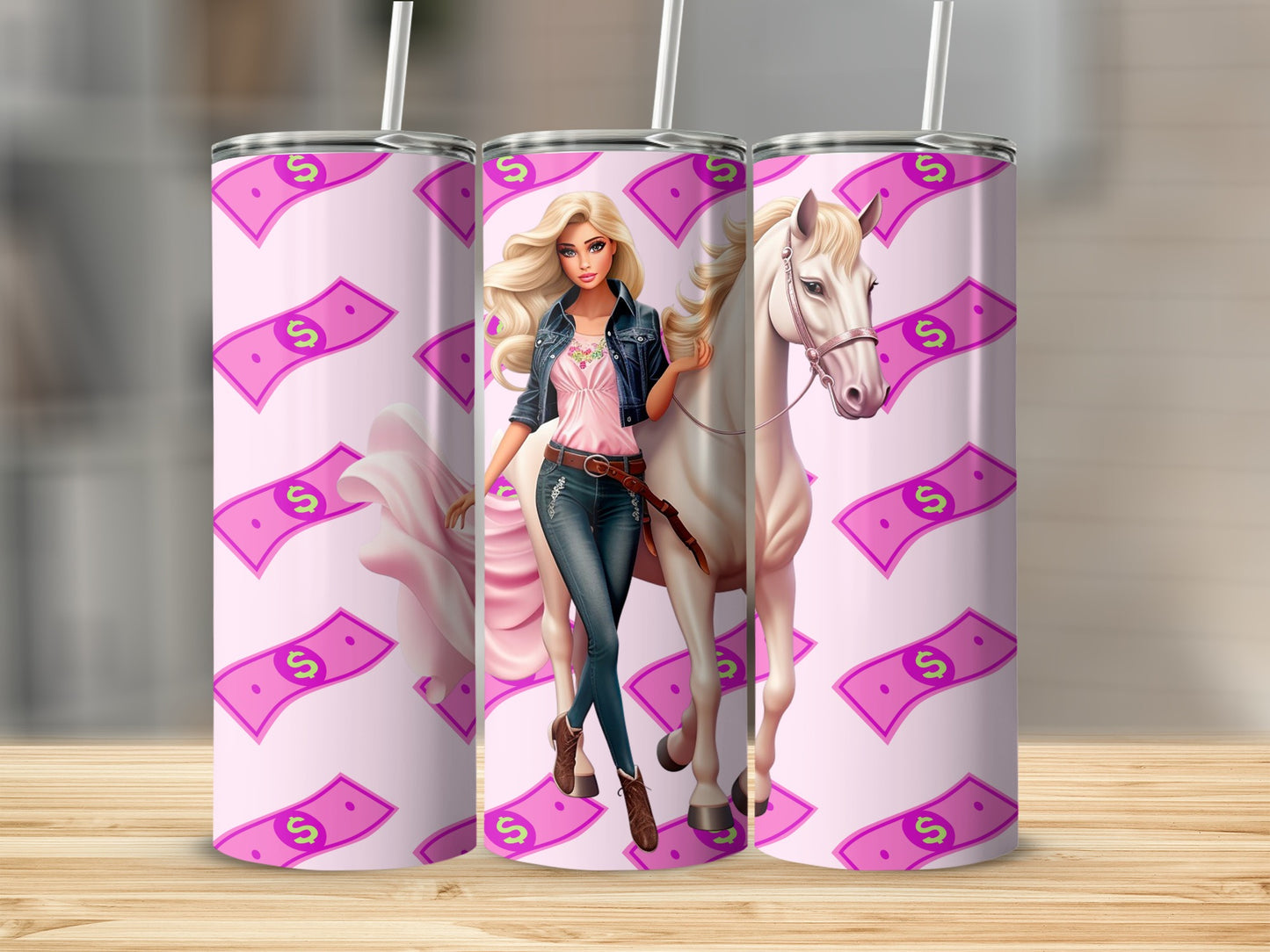 Barbie Doll With White Horse And Pink Money Background Tumblers