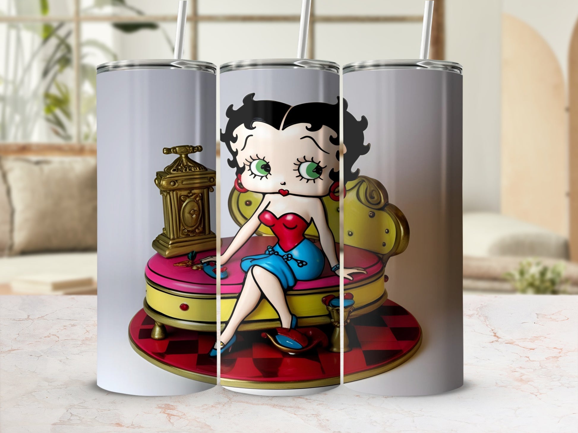 Betty Boop sitting on a pink and yellow couch with a gold clock.