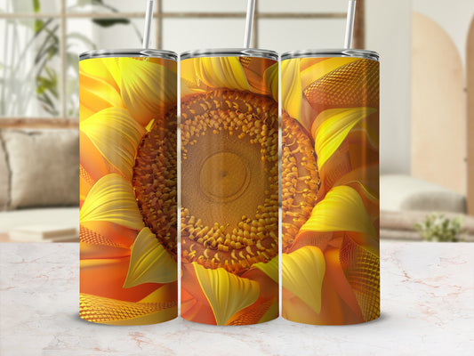 Three tumblers featuring a close-up, vibrant sunflower design with ribbed texture.