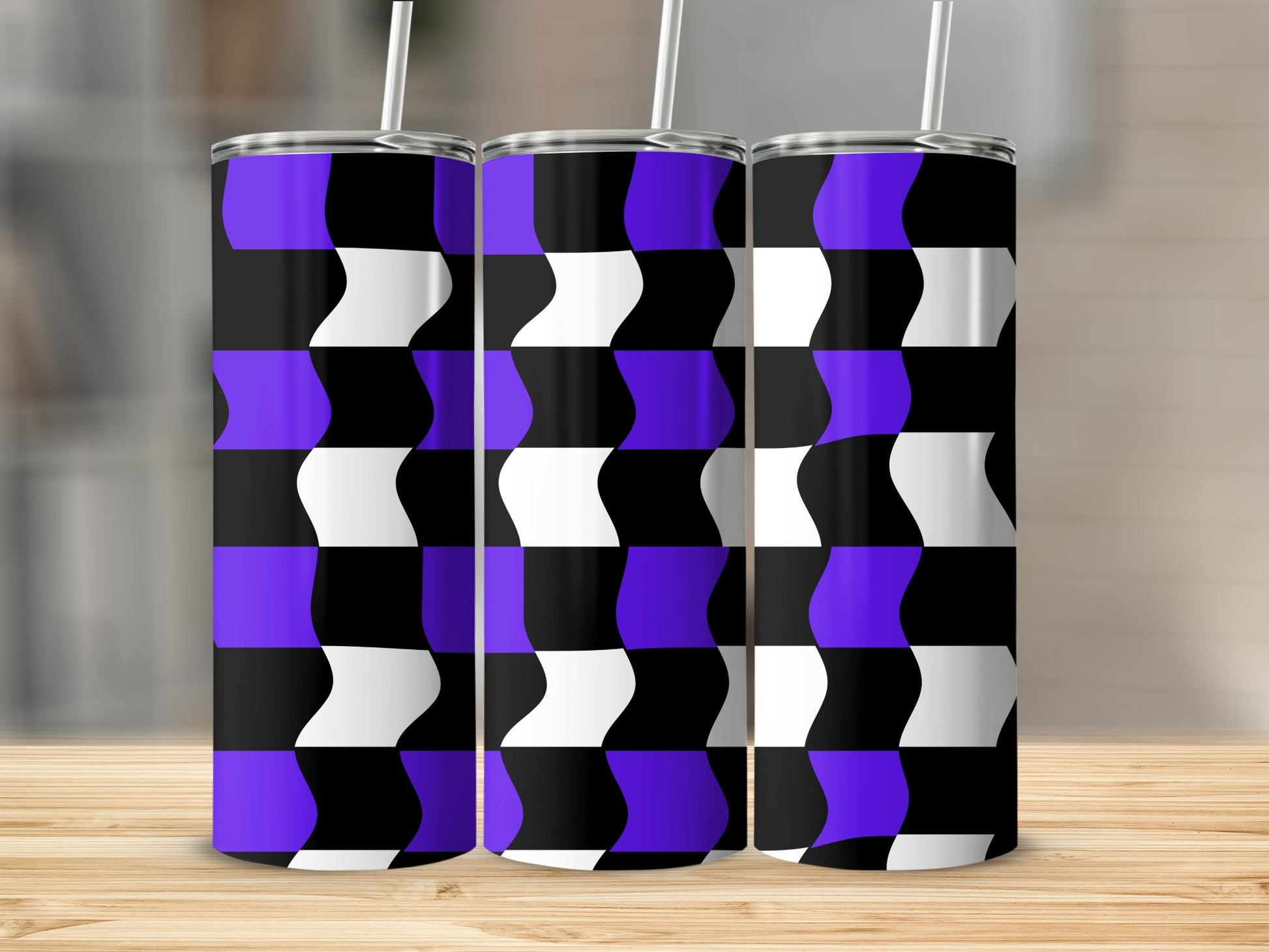 Three tall tumblers with a black, purple, and white checkered wave pattern.