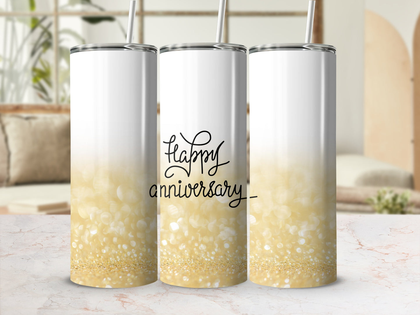 White tumbler with "Happy Anniversary" in script over a bokeh glitter background.