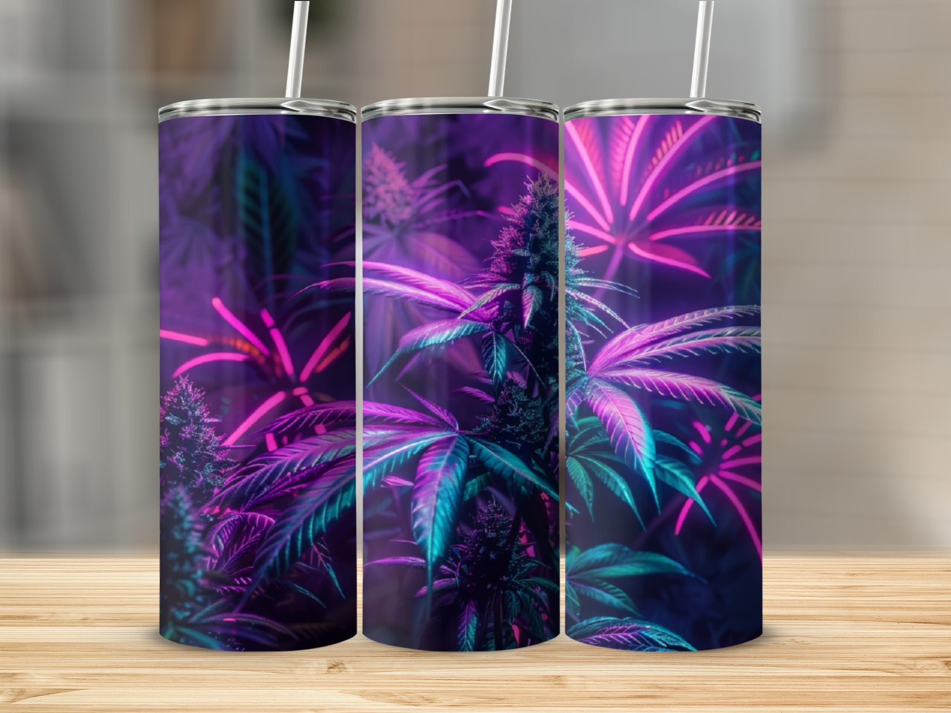Cannabis plant with neon purple and teal lighting.