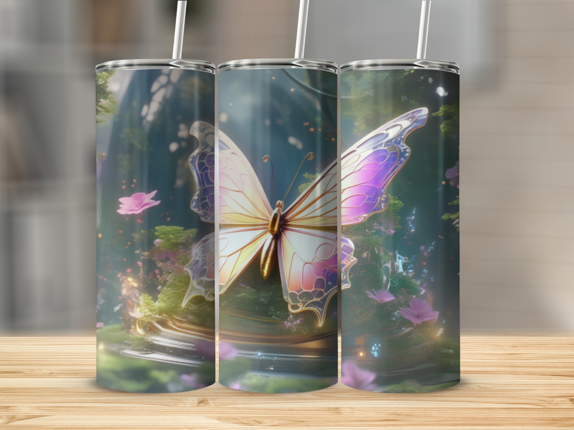 Butterfly and floral design on three tumblers with straws.