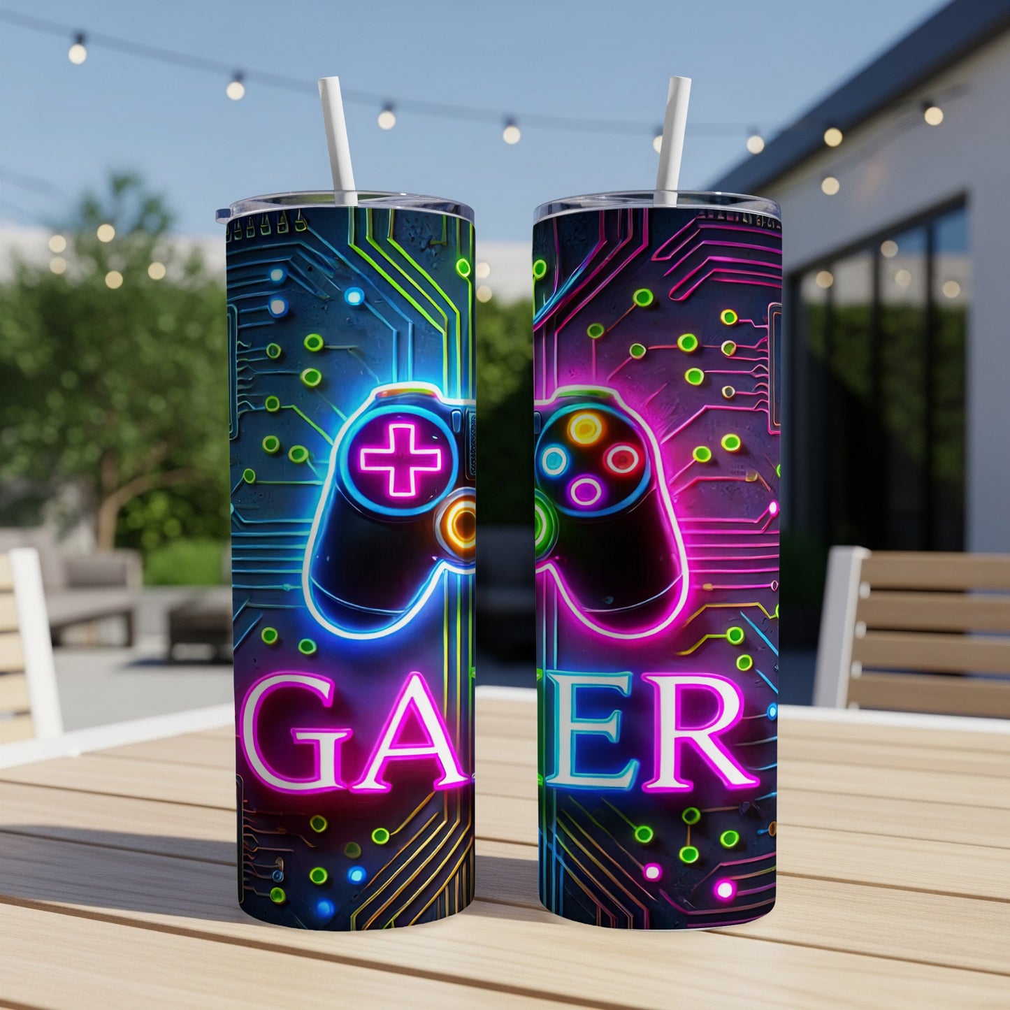 Two tall tumblers with a neon gamer controller and circuit board design.