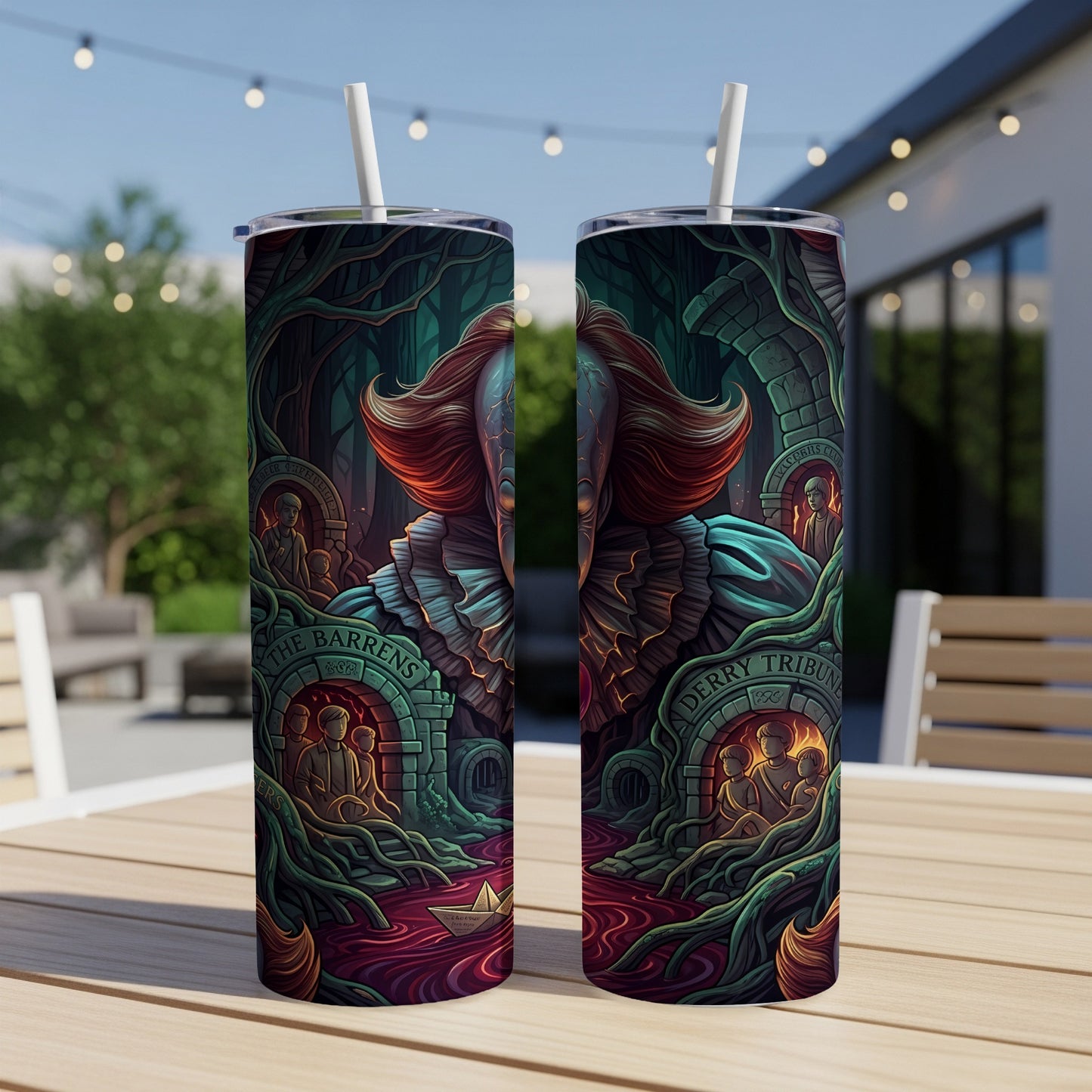 Two tumblers featuring Pennywise from IT, with stone arches, children, and a red river.