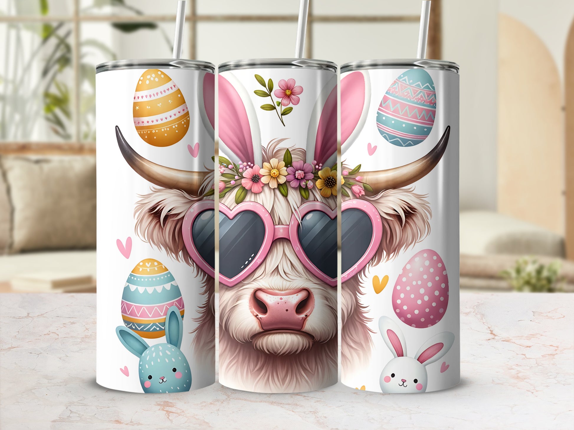 Cow with bunny ears and heart sunglasses on Easter-themed tumbler.