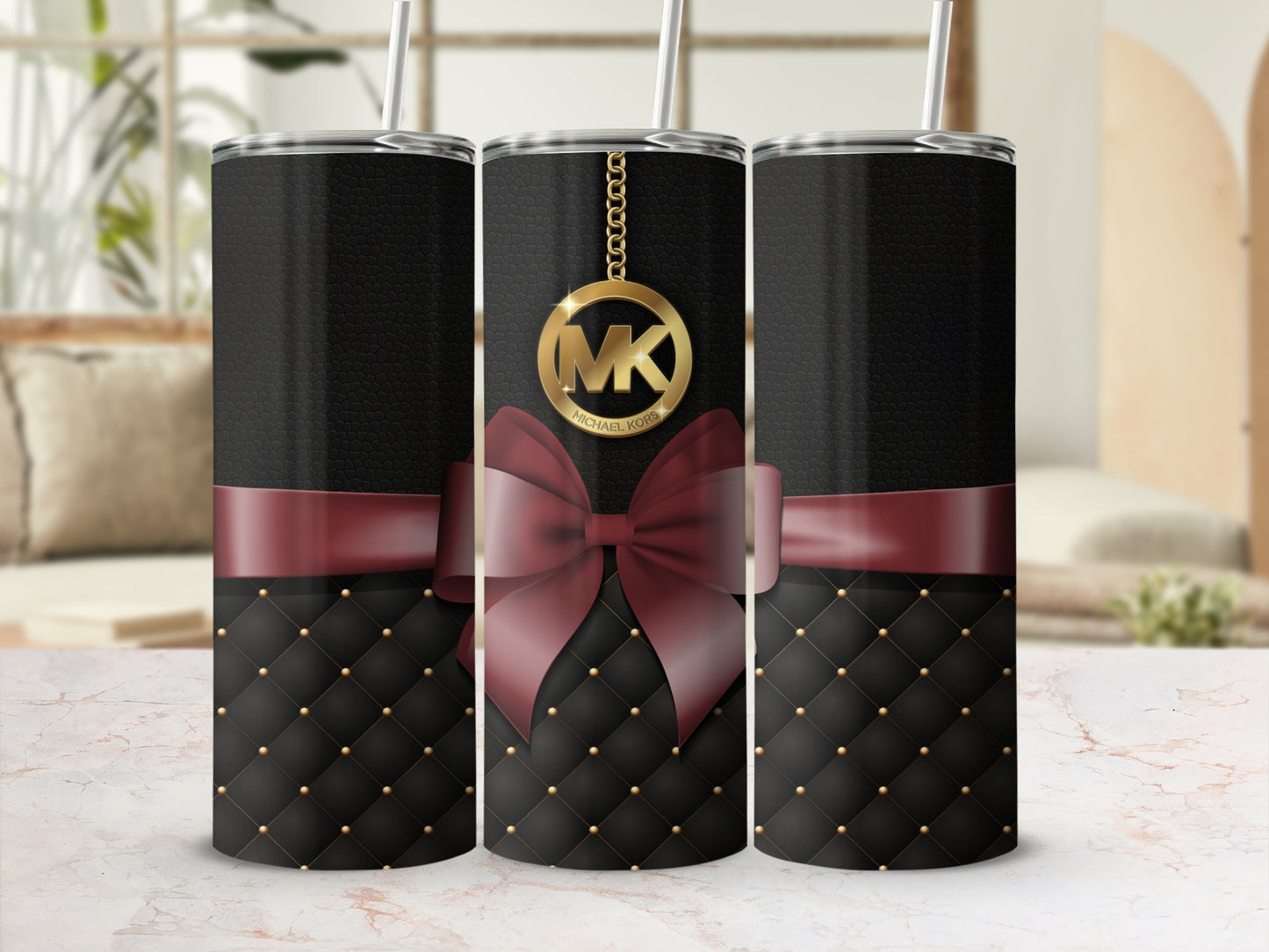 Luxurious Quilted Black Tumbler with Elegant Bow Design