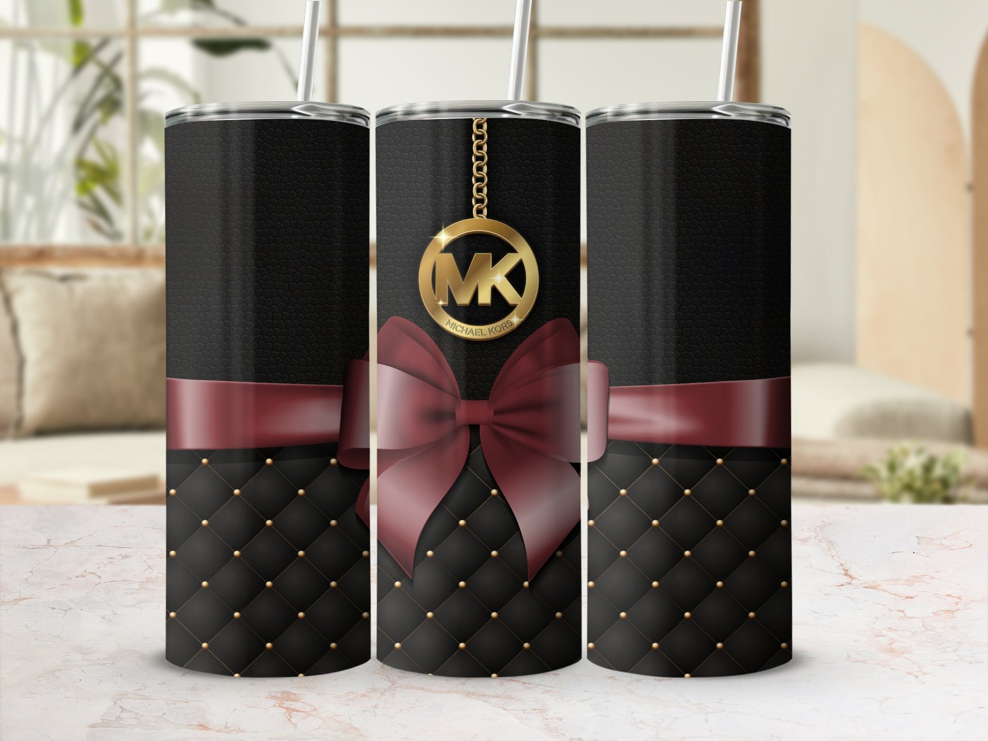 Luxurious Quilted Black Tumbler with Elegant Bow Design