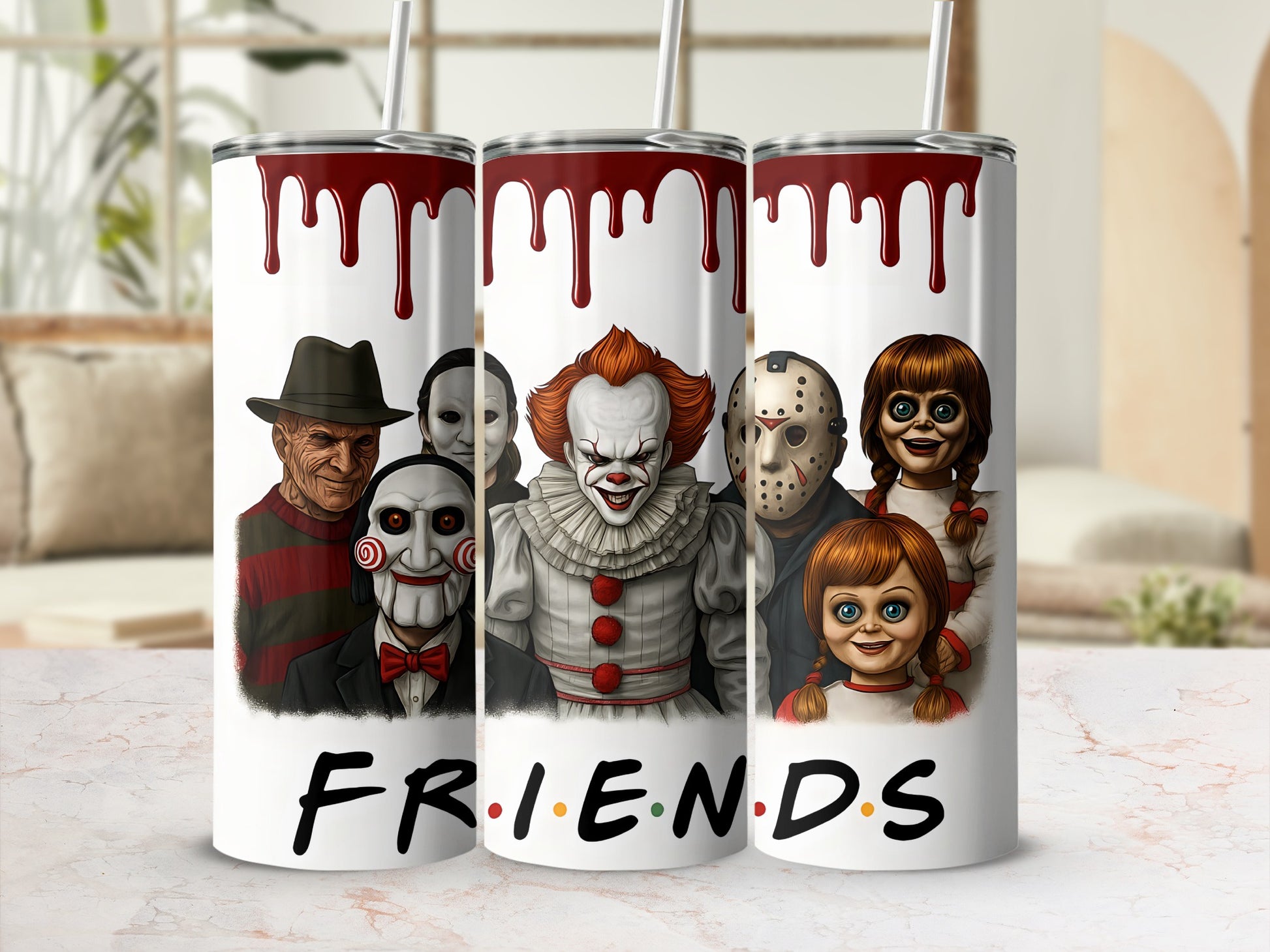 Horror characters on tumblers with dripping blood design and "FRIENDS" text.