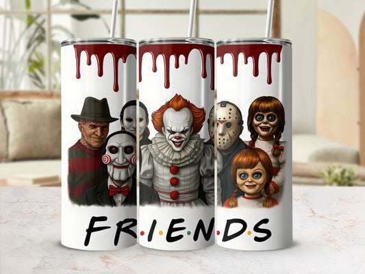 Horror characters on tumblers with dripping blood design and "FRIENDS" text.