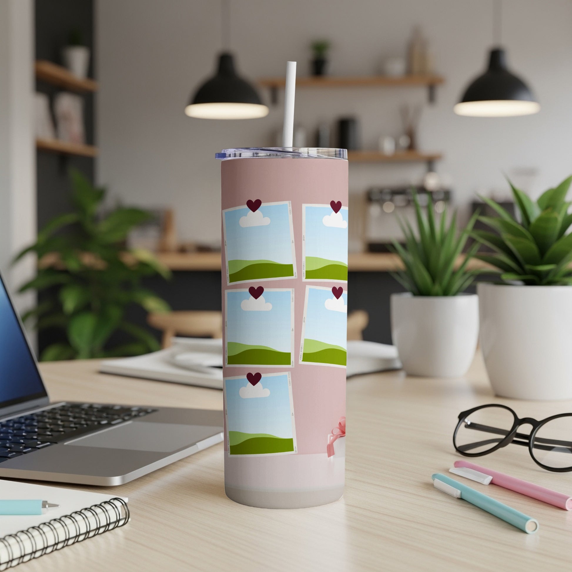 Pink tumbler with photo collage and hearts, featuring blank landscape photos.