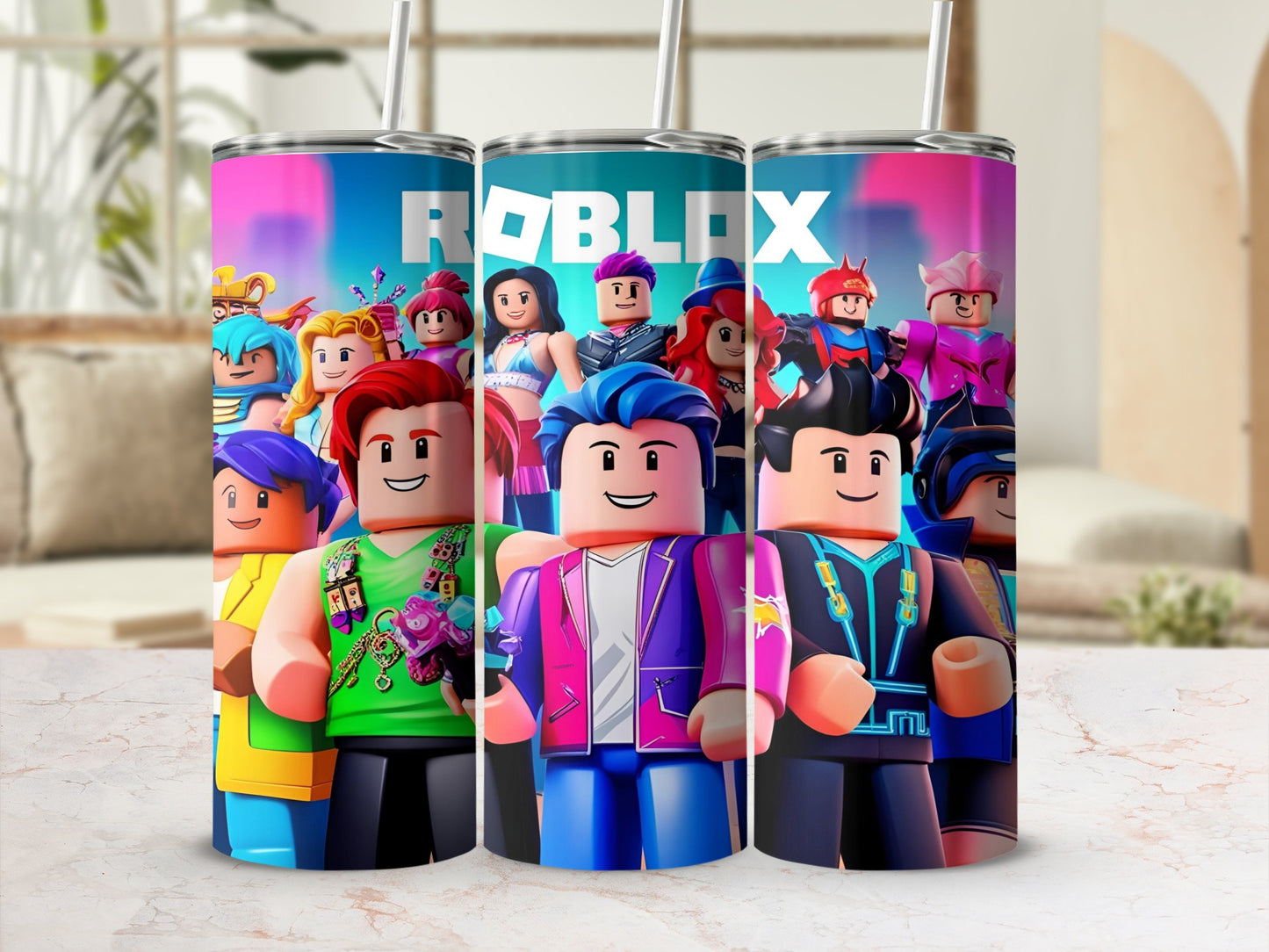 Roblox characters wrap around a tumbler with a straw.