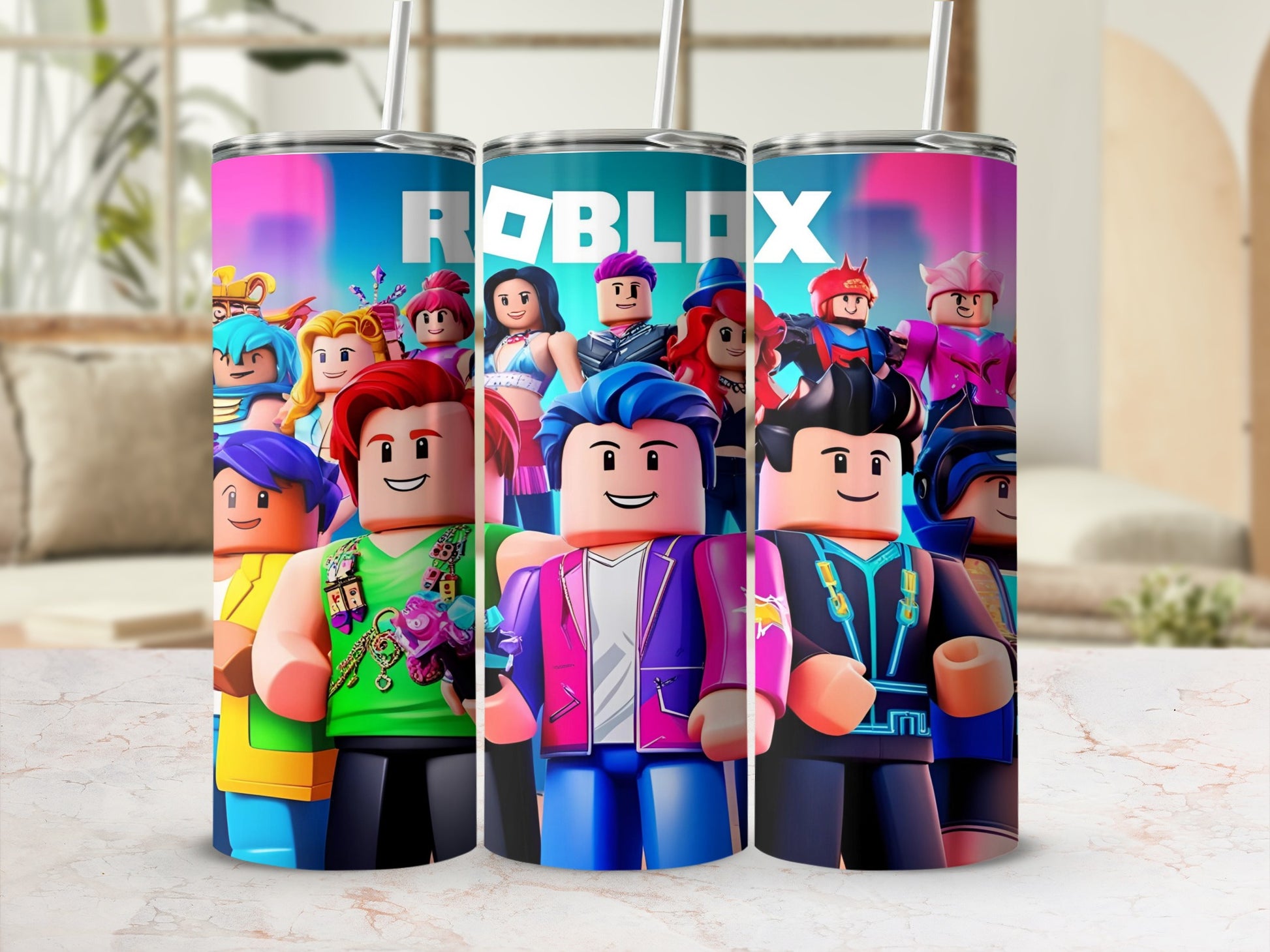 Roblox characters wrap around a tumbler with a straw.