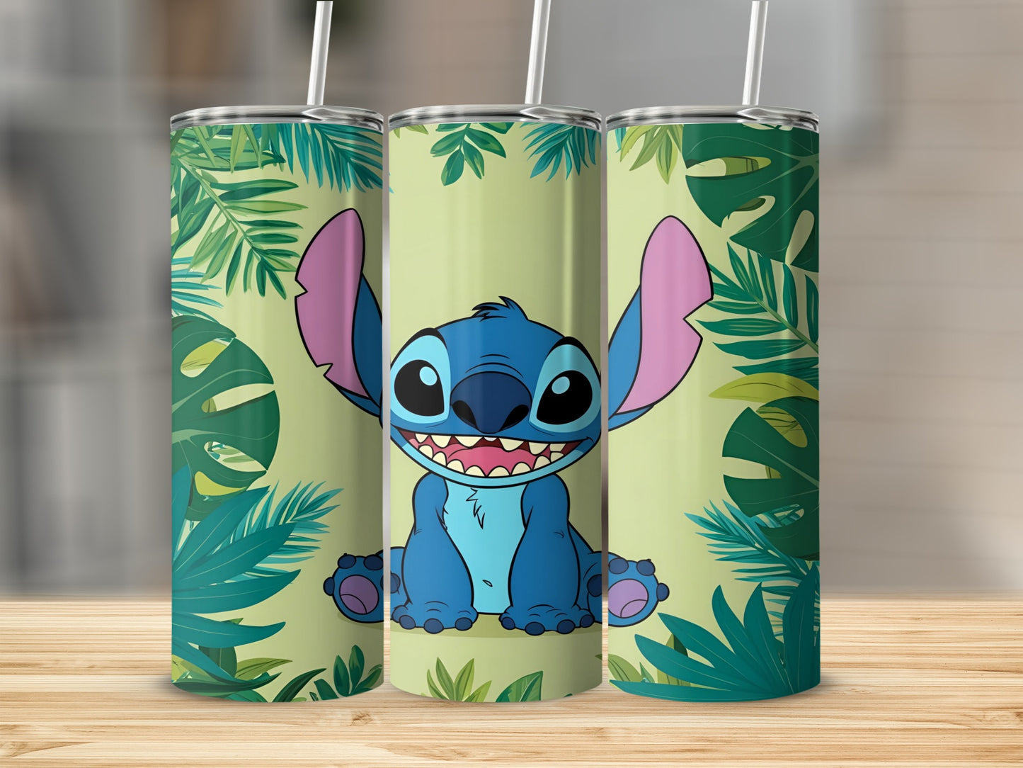 Stitch character with large ears and wide smile, surrounded by tropical leaves.