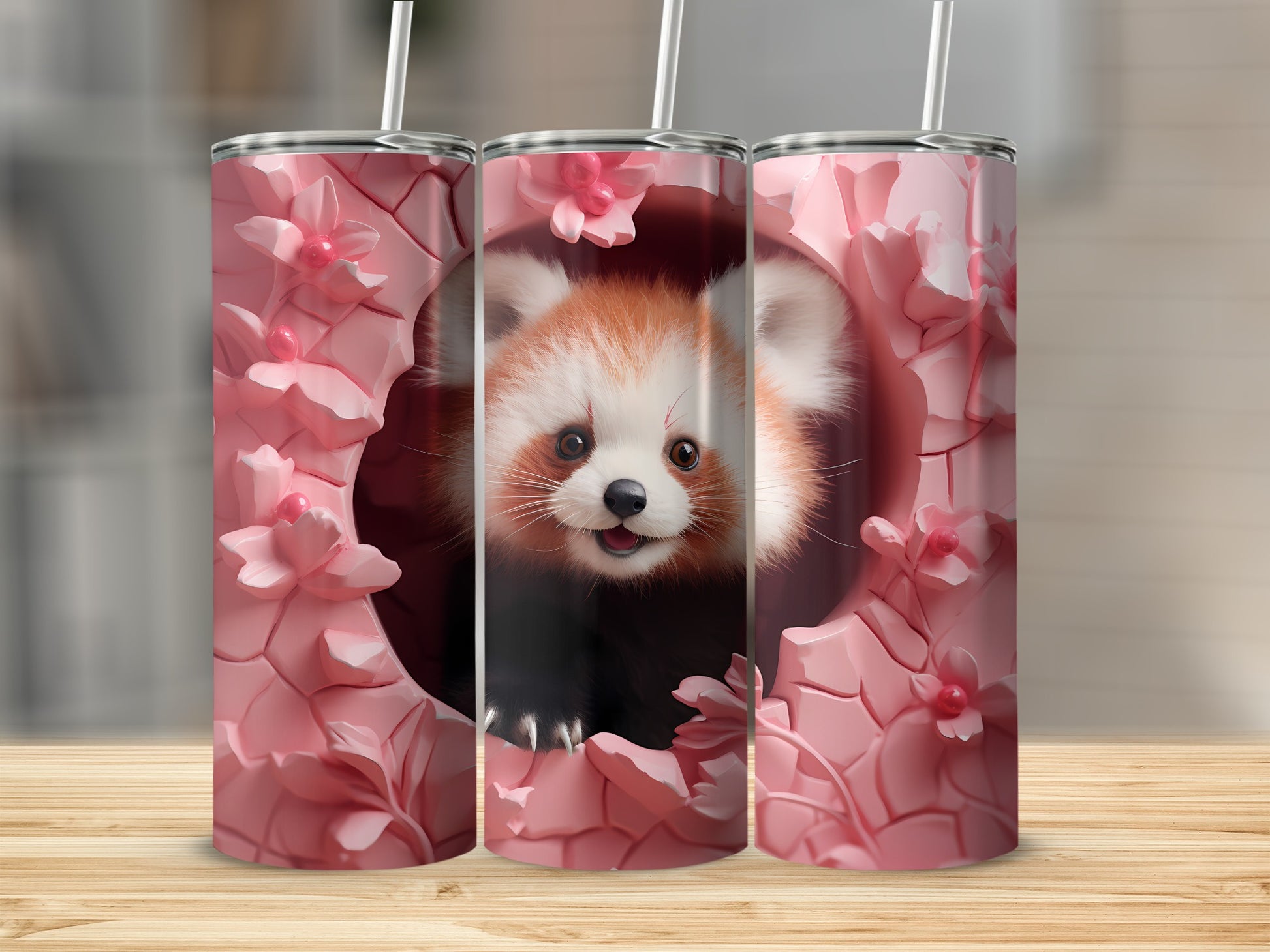 Adorable Red Panda with Pink Flowers Tumbler Cup