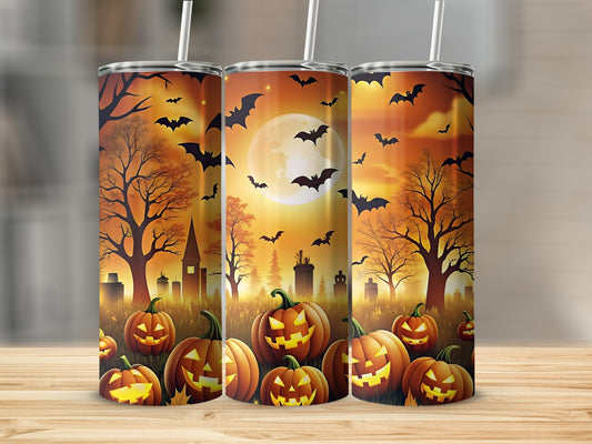 Spooky Halloween Pumpkin and Bat Design Tumbler