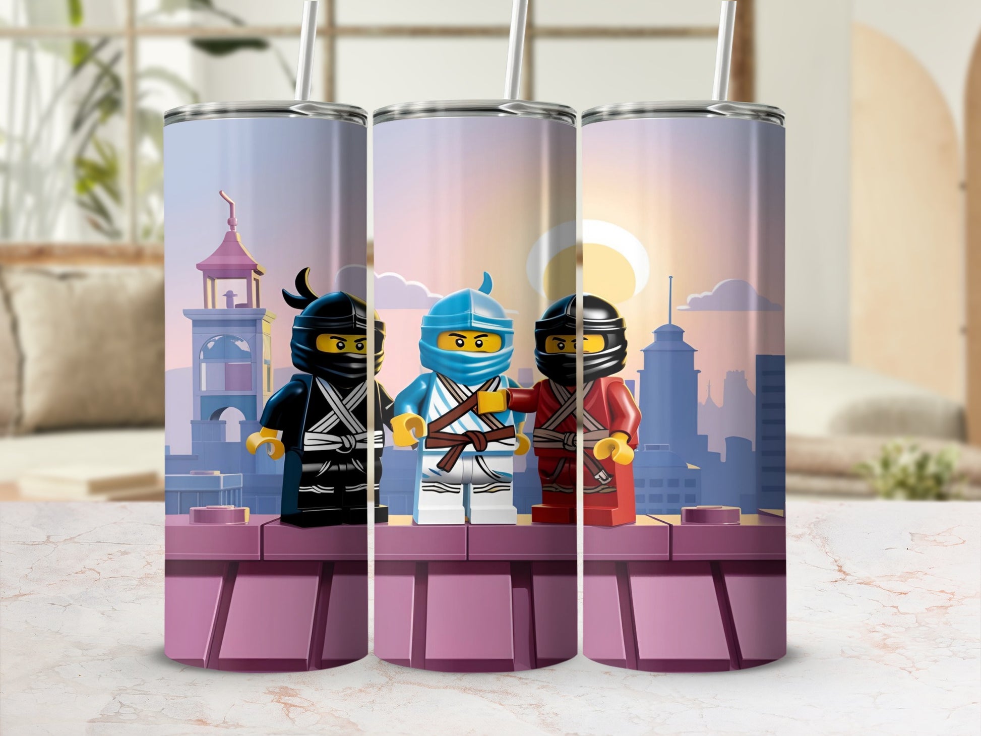 Three Lego Ninjago characters stand on a purple brick wall with a city skyline.