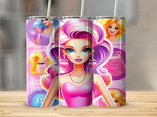 Three pink tumblers decorated with cartoon Barbie dolls and hair accessories.