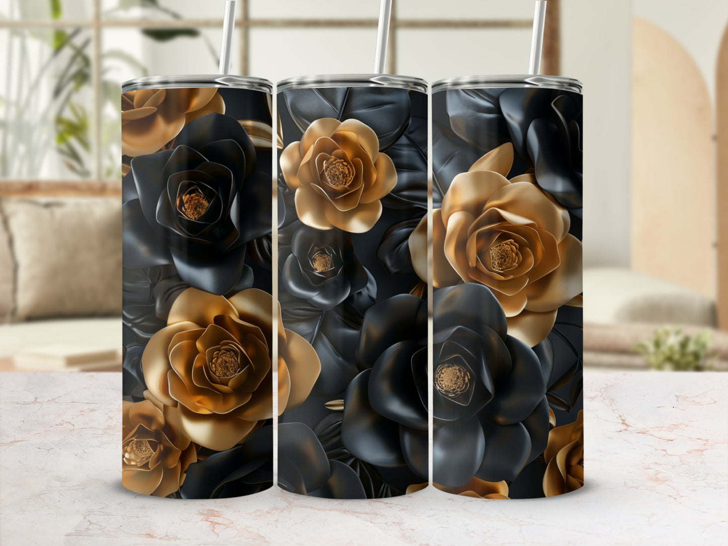 Three tumblers with black and gold floral designs.