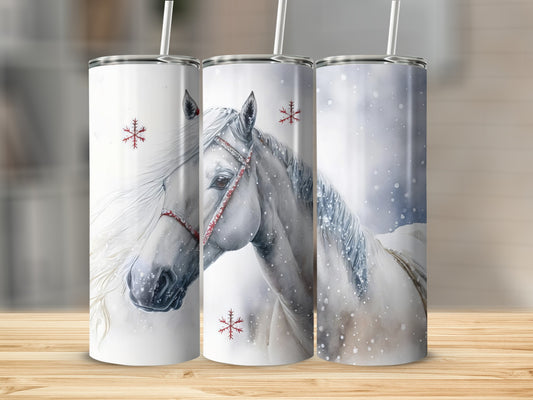 Three tumblers featuring a white horse in a snowy landscape.