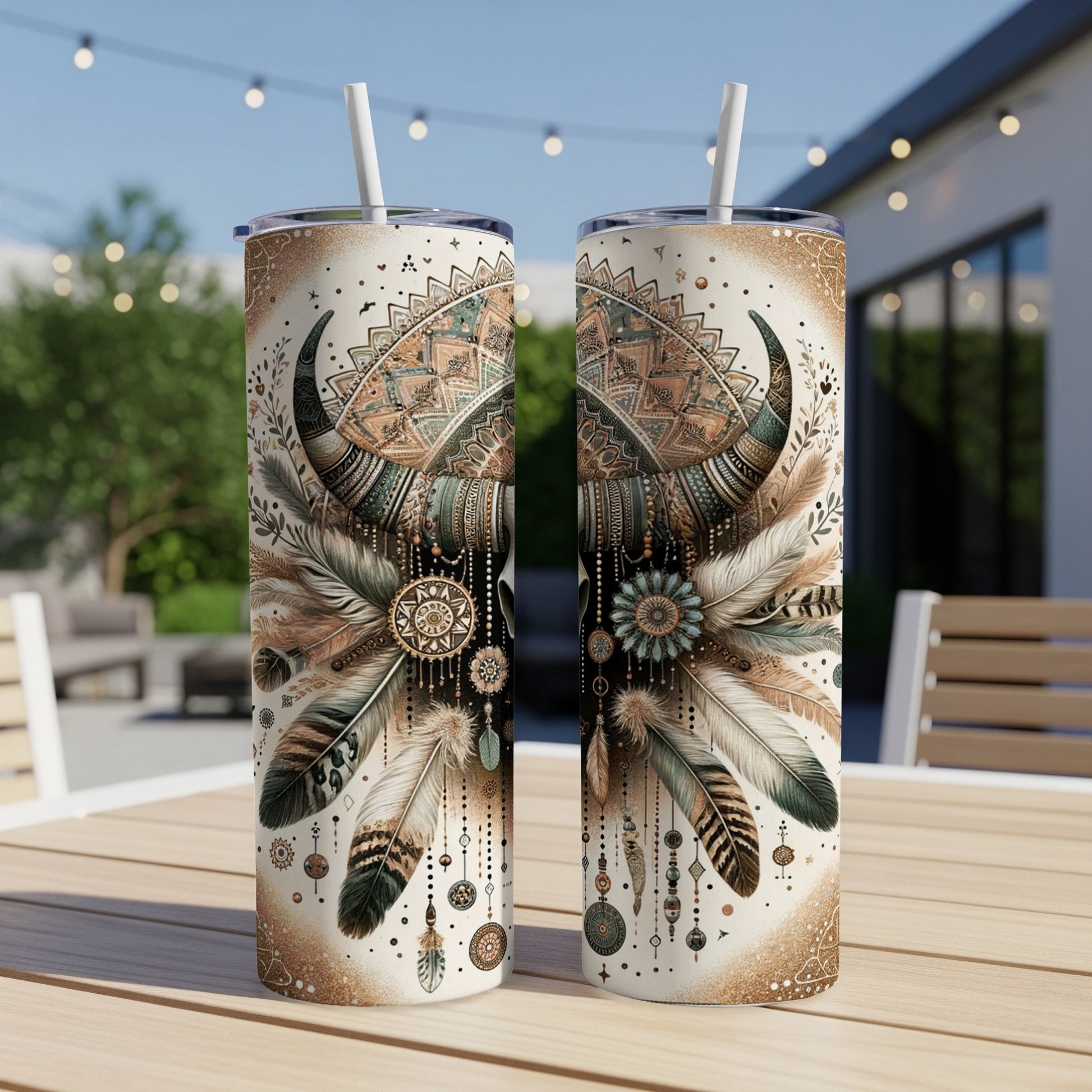 Two tumblers with tribal bull skull and feather designs on outdoor table.