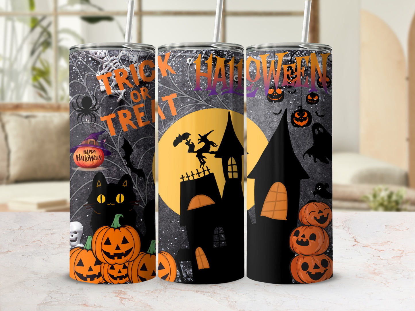 Trick or Treat Halloween Black Cat and Pumpkins Tumbler