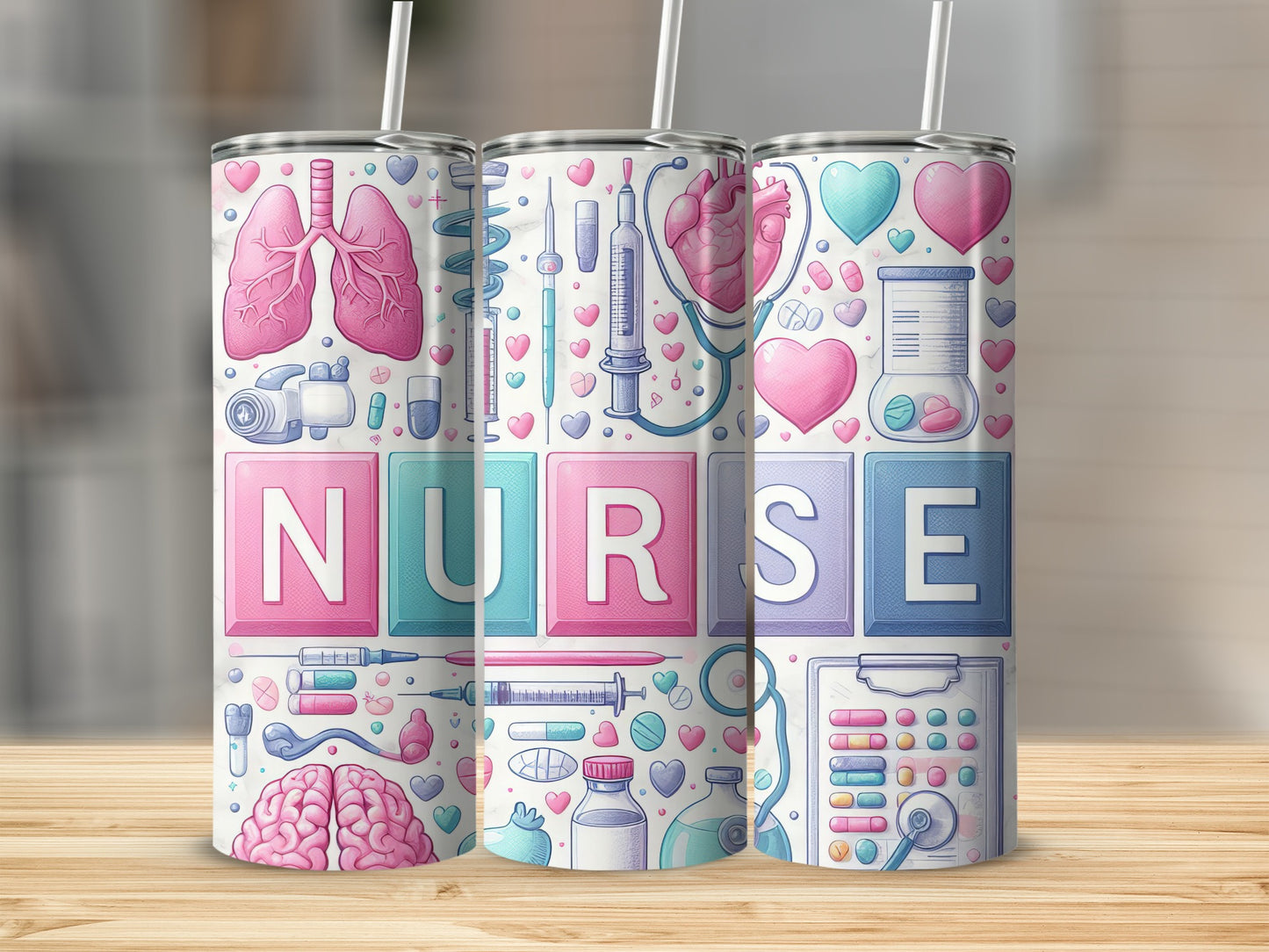 Nurse tumbler with medical icons and pastel colors.