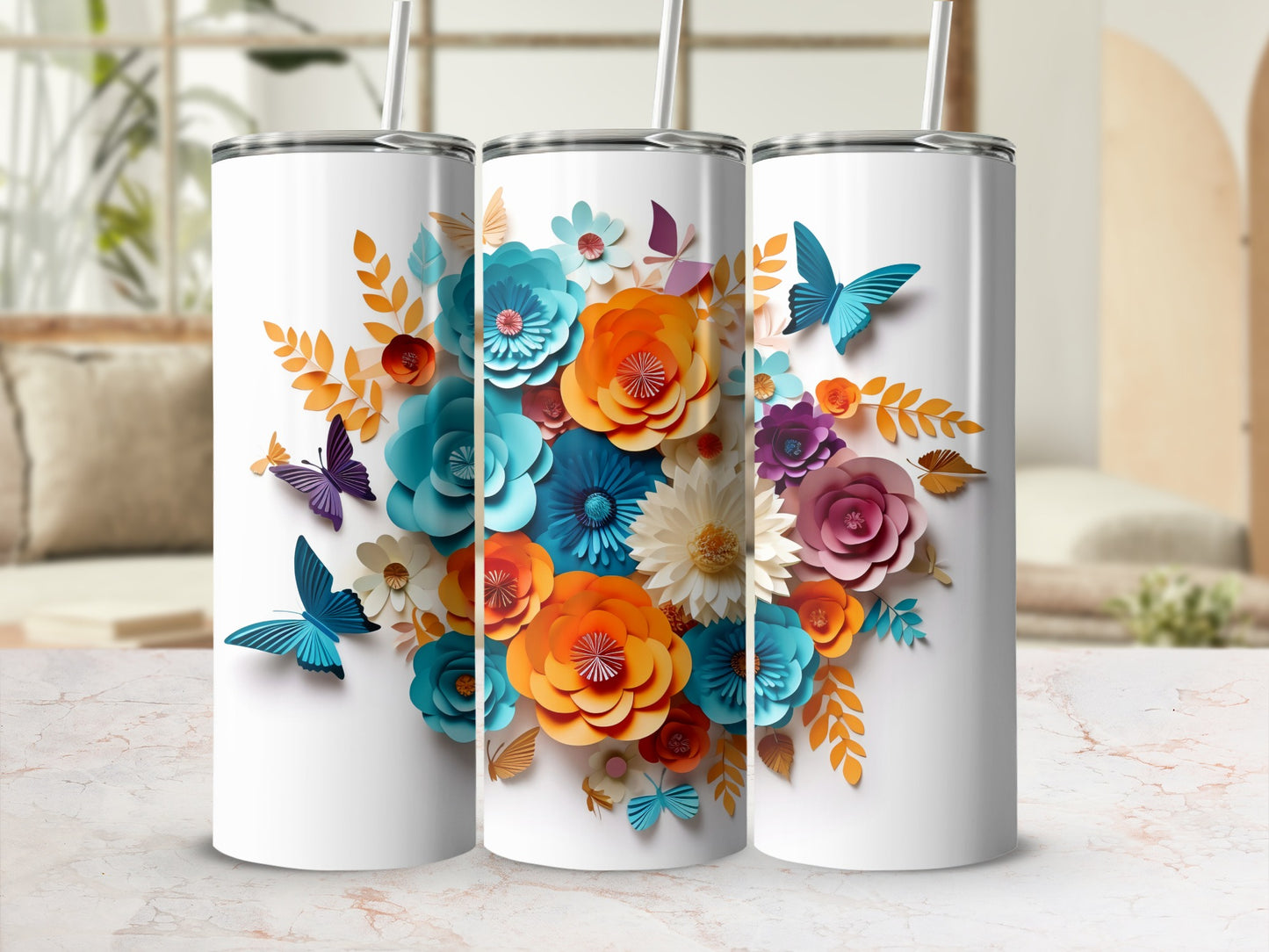 Colorful Butterfly and Floral Design Tumbler Product