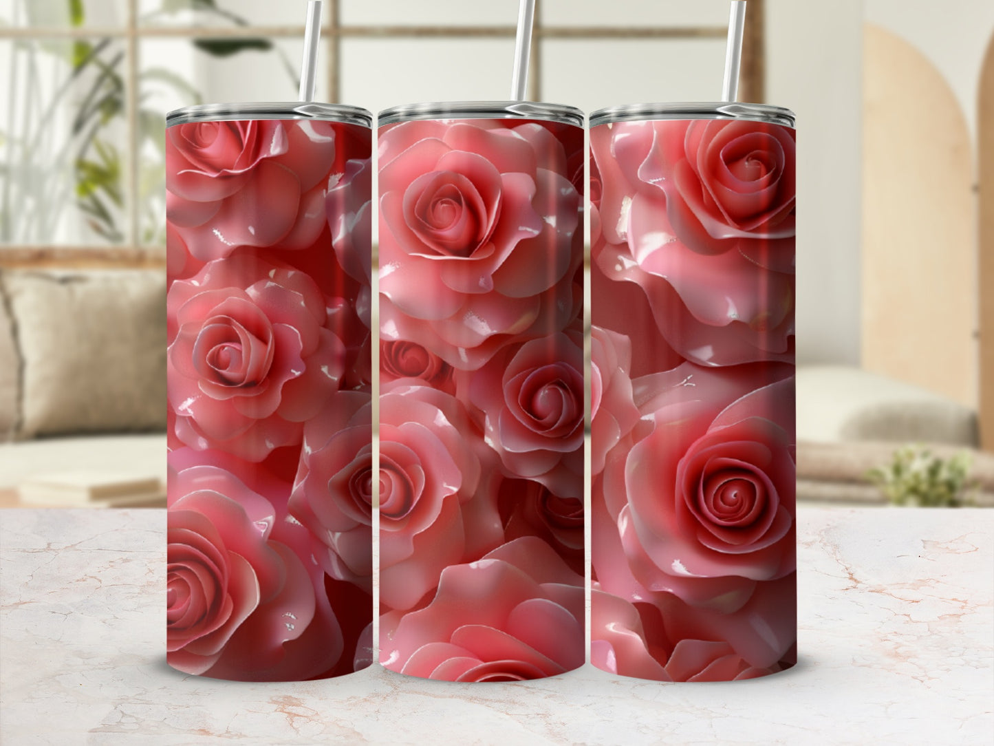 Three tumblers with a close-up, realistic pink rose floral design.