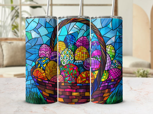 Easter basket overflowing with colorful, patterned eggs against a stained-glass background.