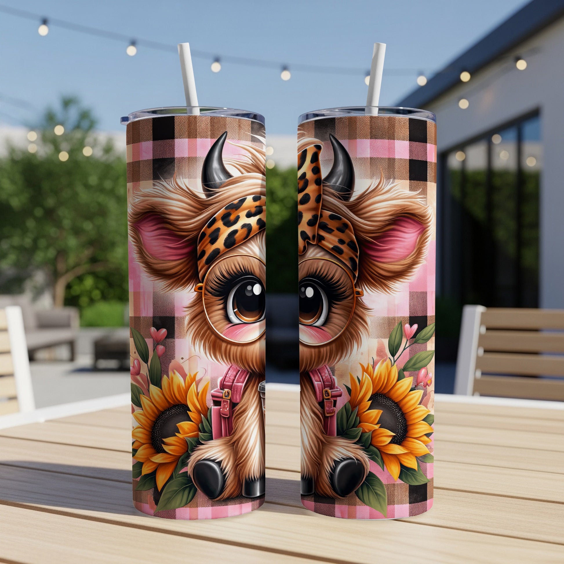 Cute cow illustration on a tumbler with sunflowers and plaid background.