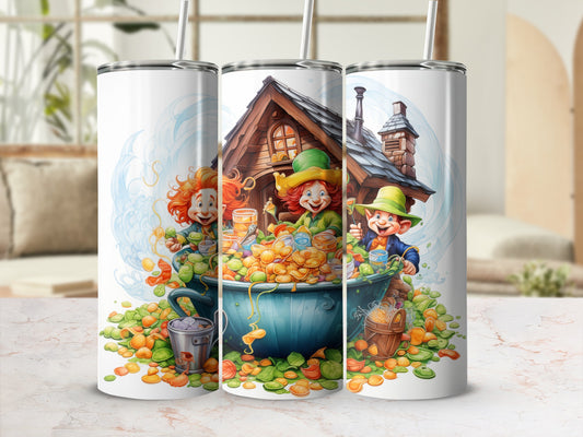 Three leprechauns with pots of gold by a bubbling cauldron.