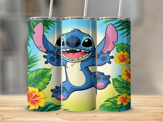 Stitch character from Lilo & Stitch with tropical flowers.