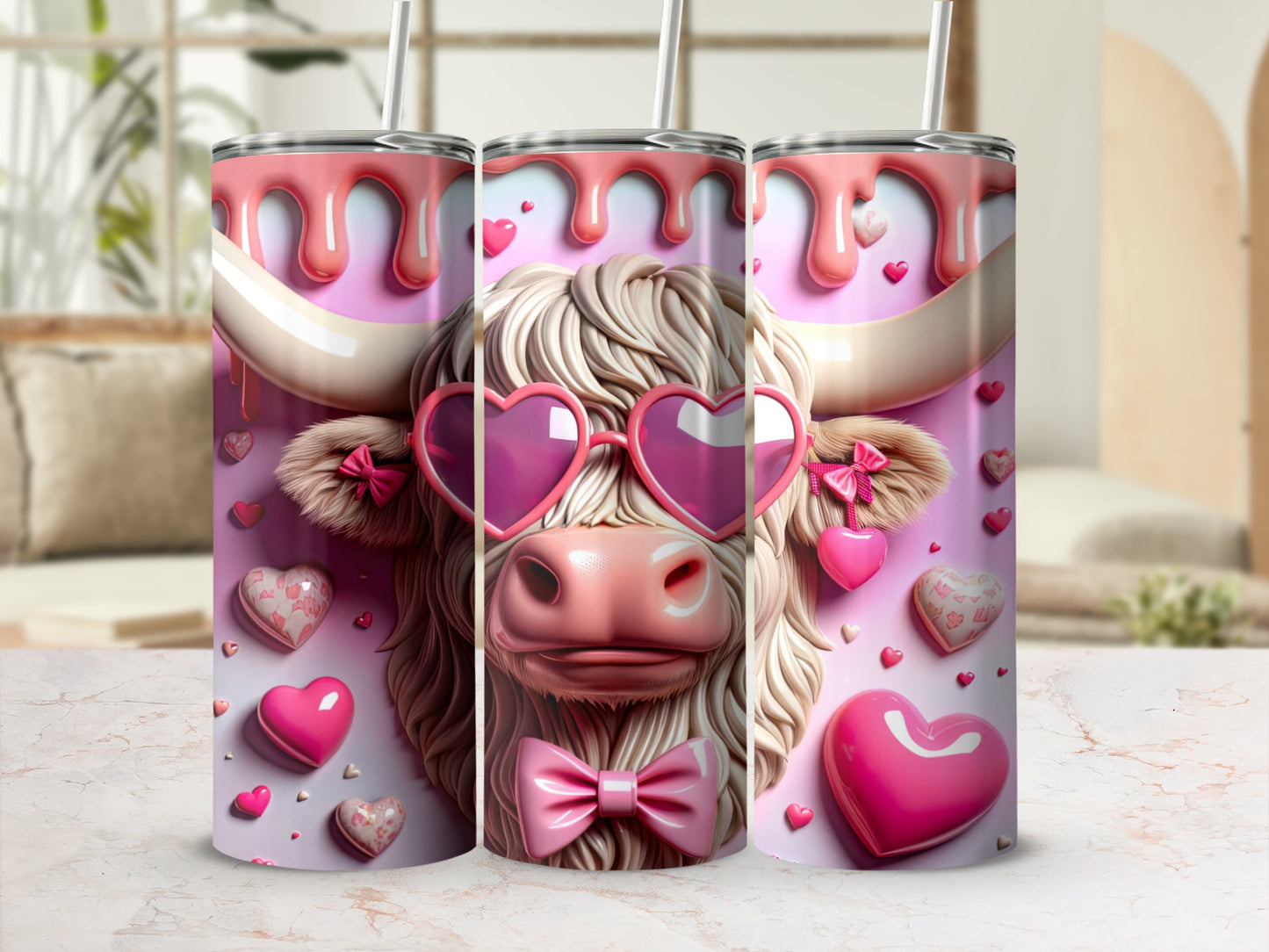 Highland cow with heart sunglasses and pink bow tie, surrounded by hearts.