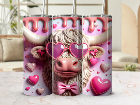 Highland cow with heart sunglasses and pink bow tie, surrounded by hearts.