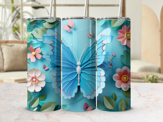 Blue butterfly and flowers design on three tall tumblers.