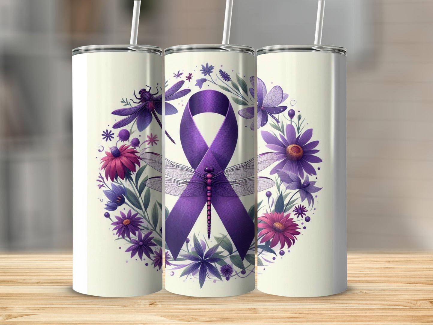 Purple Awareness Ribbon Floral Dragonfly Tumbler