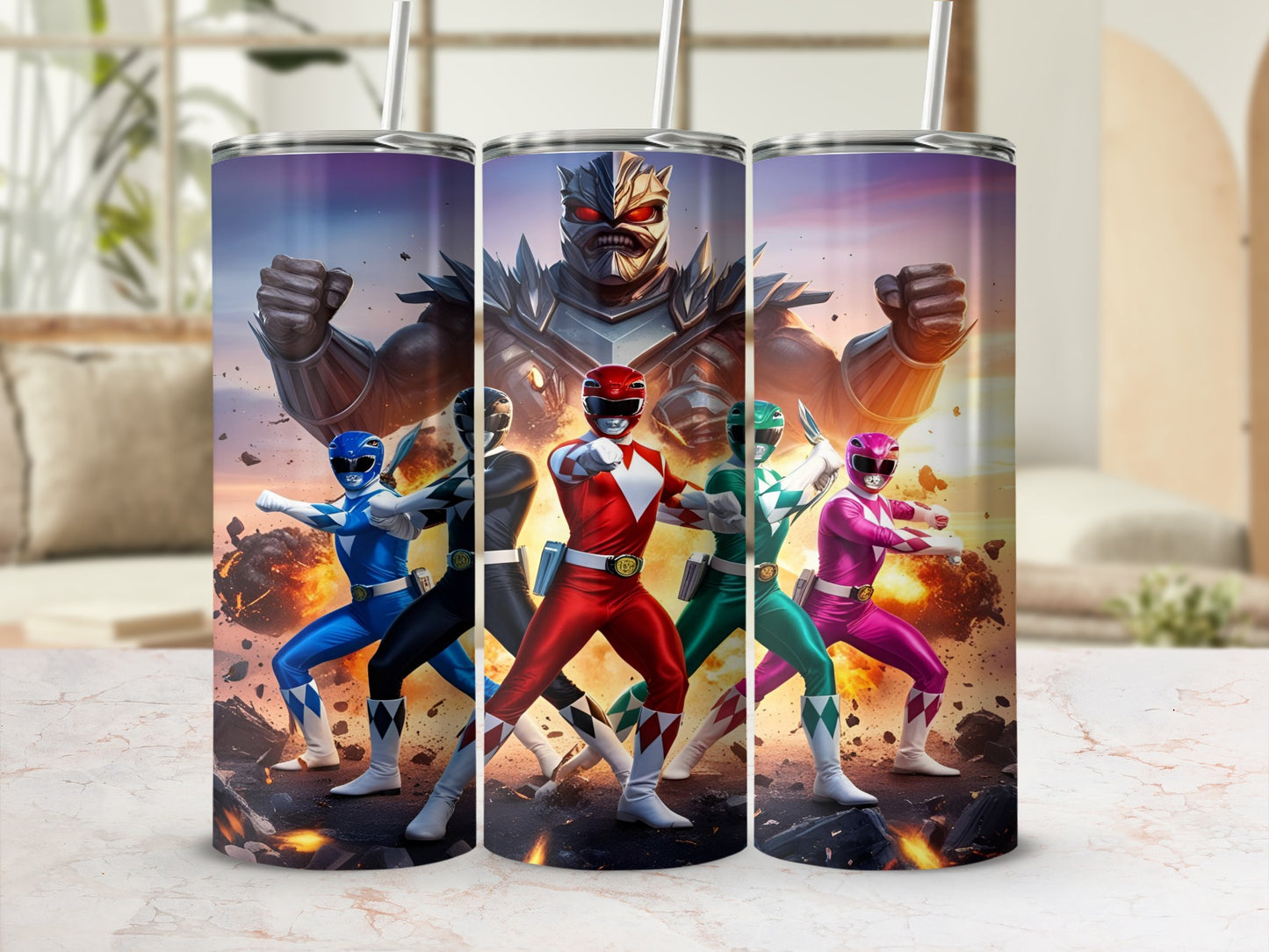 Mighty Morphin Power Rangers fighting a monster on a colorful tumbler.