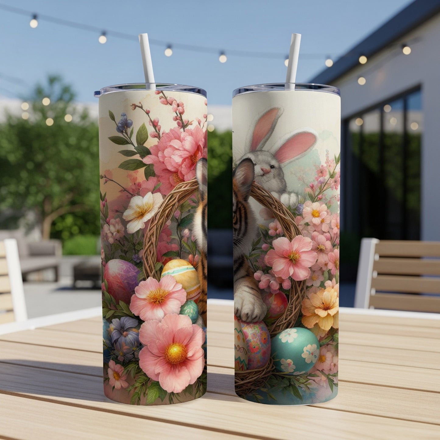 Easter bunny and decorated eggs in a floral wreath, on two tumblers.