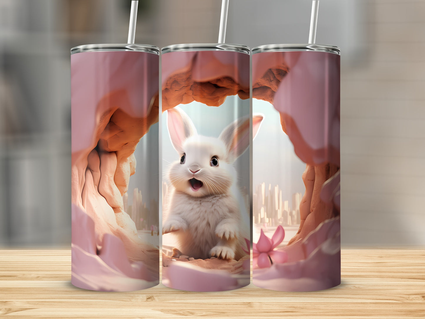 Cute White Rabbit in a Cave Design Tumbler with Straw