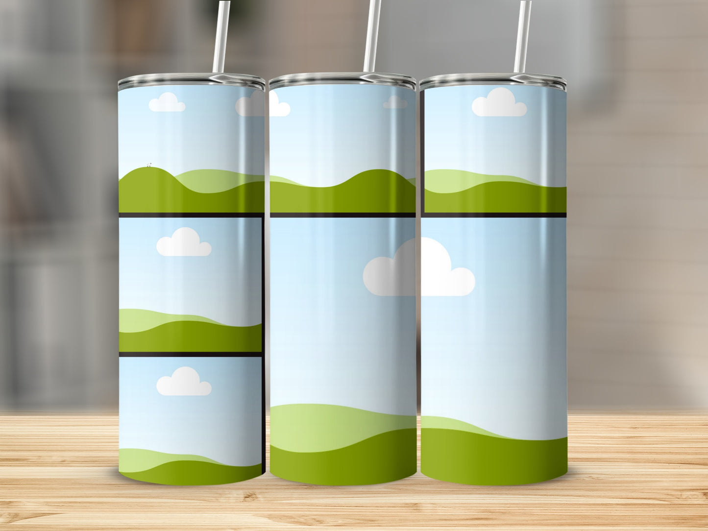 Three tumblers with green hills, blue sky, and white clouds design.