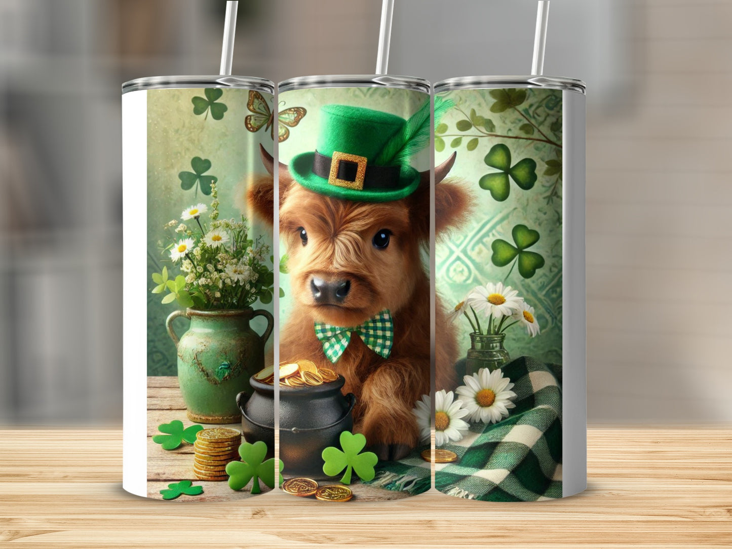Highland cow in a green hat with shamrocks and gold coins.