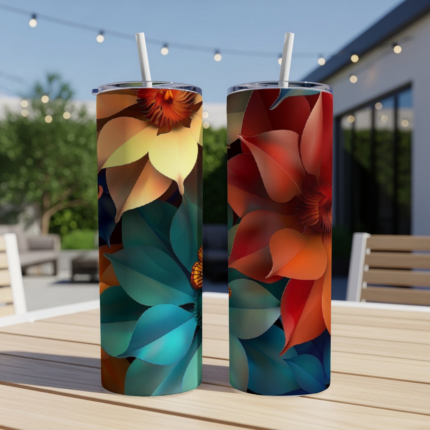Two tumblers with large, colorful floral designs on a wooden table outdoors.