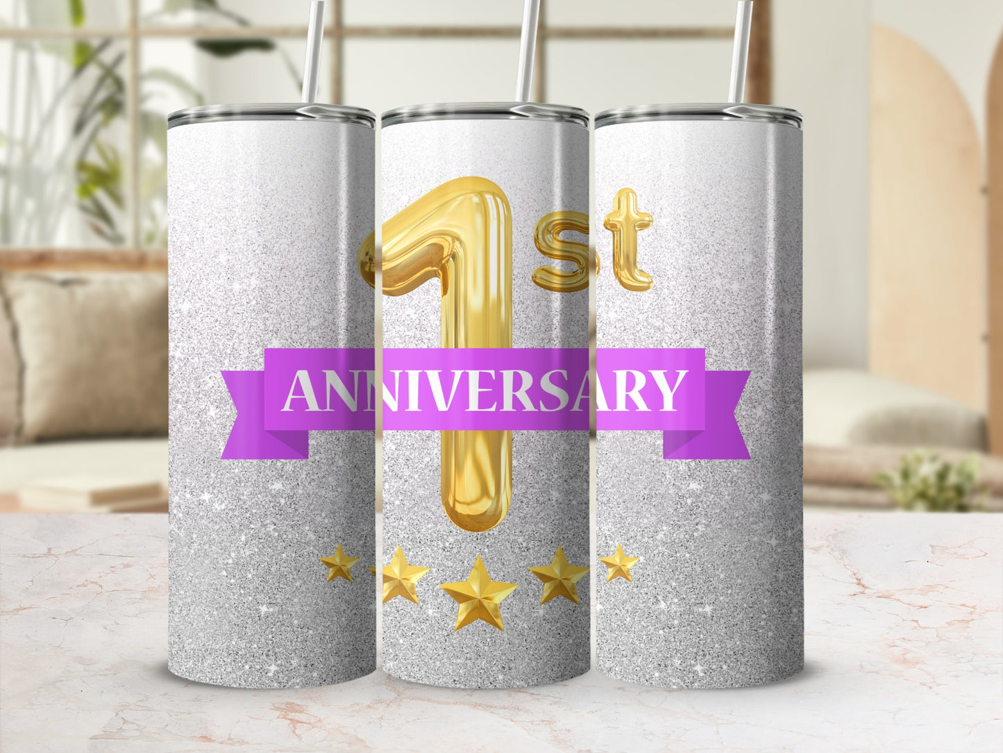 Three glittery tumblers with "1st ANNIVERSARY" text and gold stars.